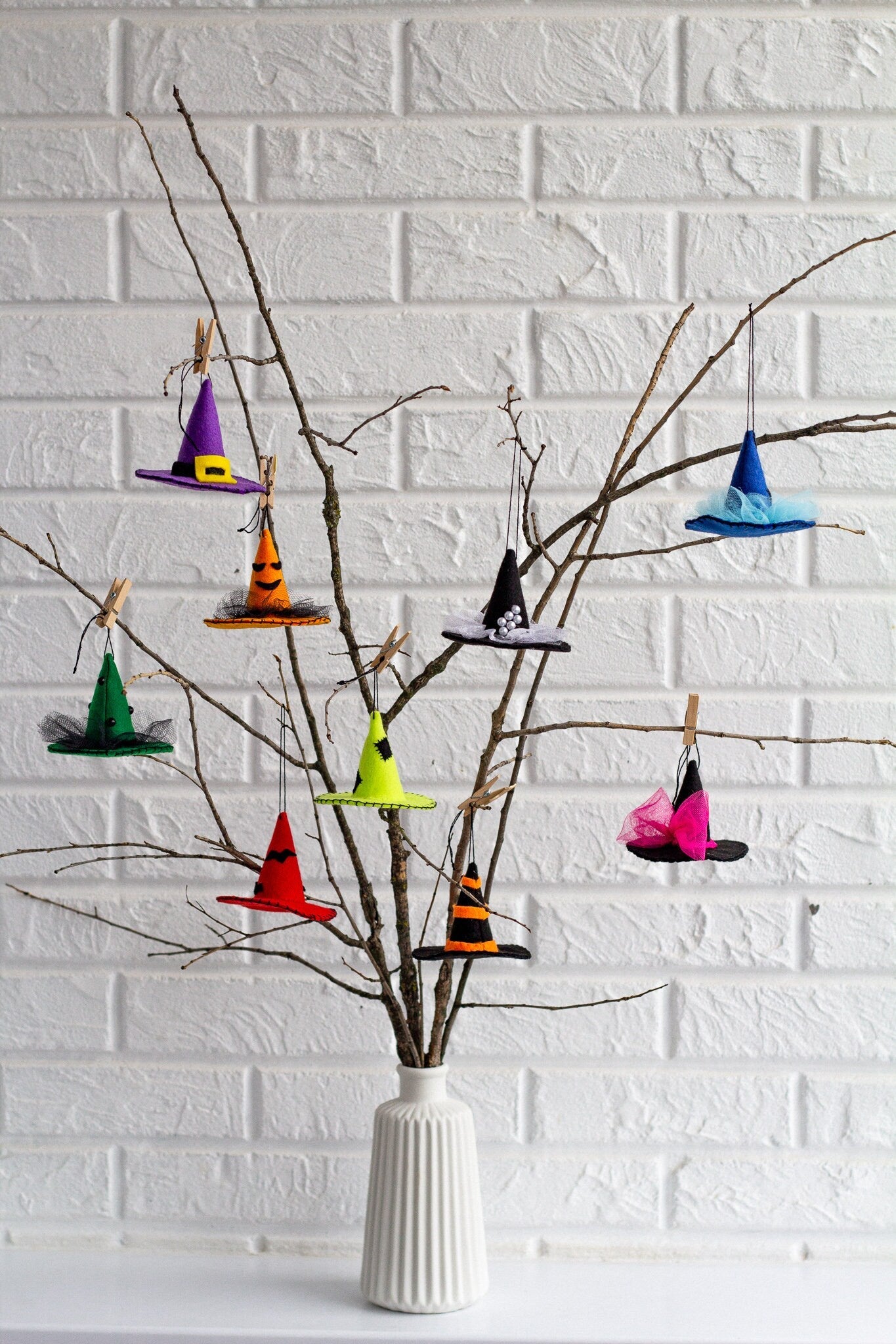 Hanging Witch Hats – Felt Halloween Tree Decorations, Colorful Witch Hat Ornaments, Halloween Home Decor - WoollyFox